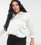 Native Youth Plus High Shine Satin Shirt With Contrast Stitching In Cream-white