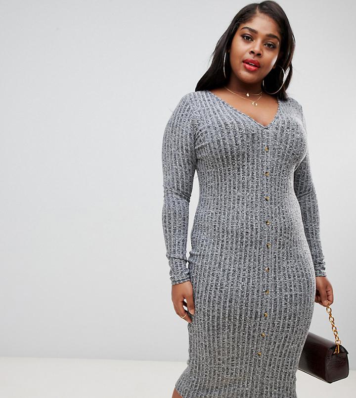 Asos Design Curve Marl Rib Button Through Midi Dress - Gray