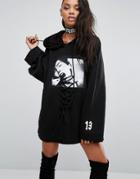 Fenty X Puma By Rihanna Oversized Lace Up Hoodie With Print Front - Bl