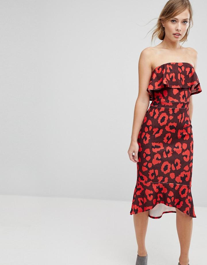 Silver Bloom Printed Scuba Frilled Bodycon Dress With Asymetric Hem - Multi