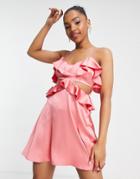 Miss Selfridge Satin Frill Detail Cut Out Mini Dress In Coral-orange