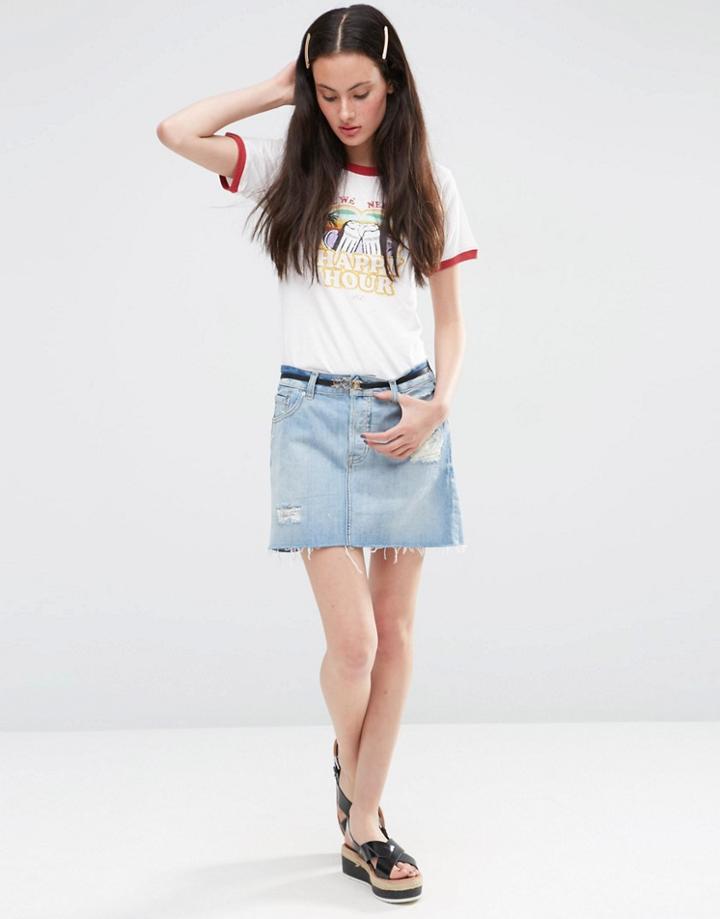 Asos Denim Pelmet Skirt Mid Wash Blue With Abrasions And Raw Hem - Blue
