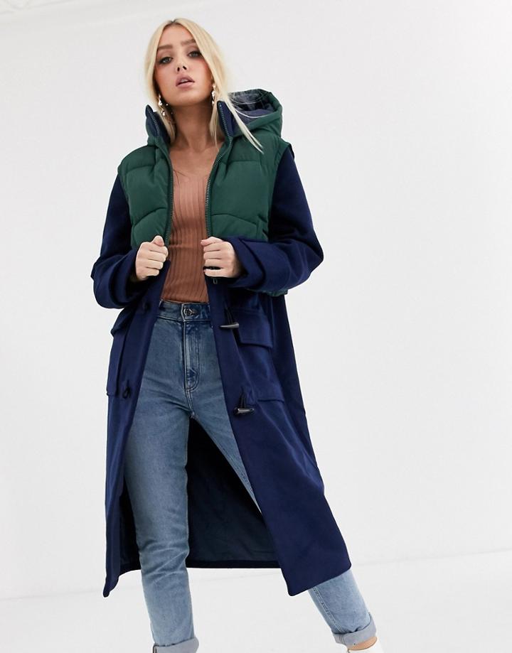 Asos Design Longline Duffle Coat With Vest Overlay In Navy