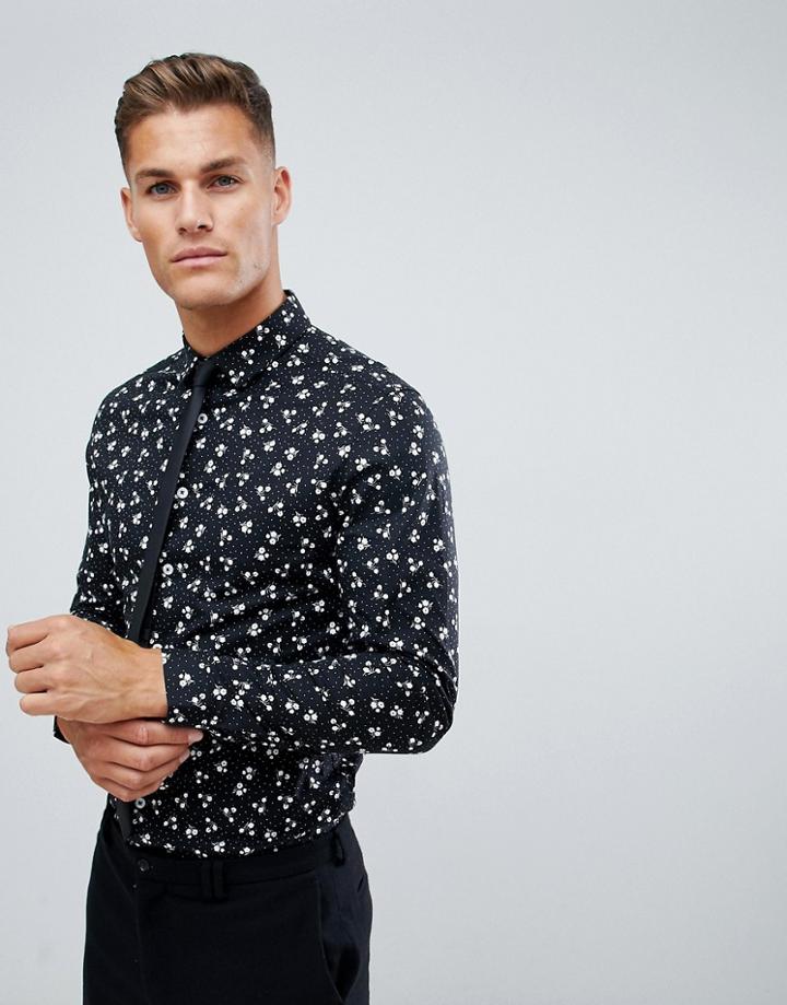 Asos Design Smart Stretch Slim Ditsy Print Work Shirt In Black - Black