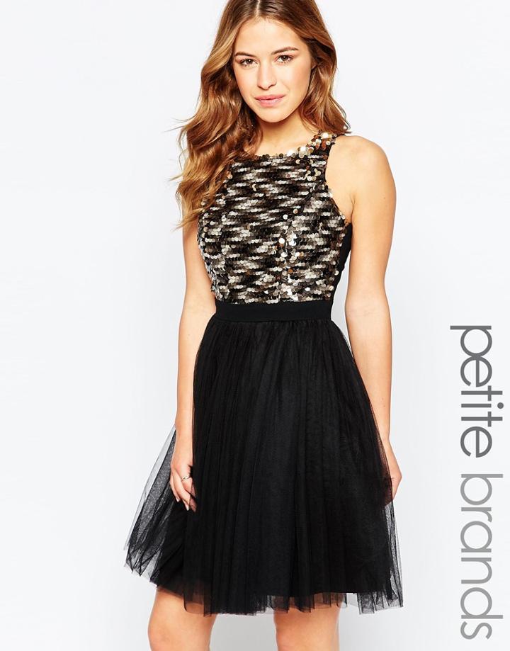 Little Mistress Petite Disc Embellished Bodice Prom Dress - Black