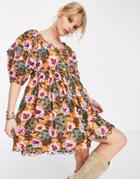 Topshop Linen Floral Scalloped Trim Mini Dress In Multi