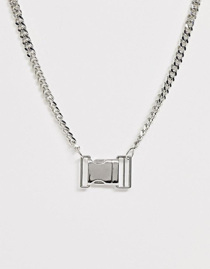 Asos Design Necklace With Buckle Pendant In Silver Tone - Silver