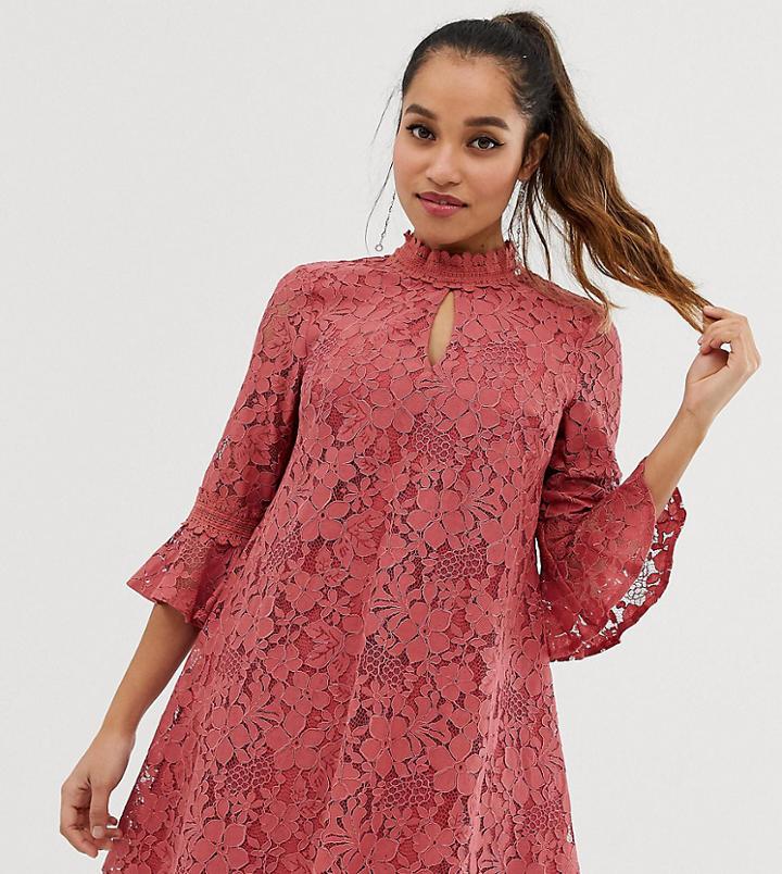 Little Mistress Petite Lace Smock Dress With Fluted Sleeve In Terracotta - Red