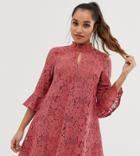 Little Mistress Petite Lace Smock Dress With Fluted Sleeve In Terracotta - Red