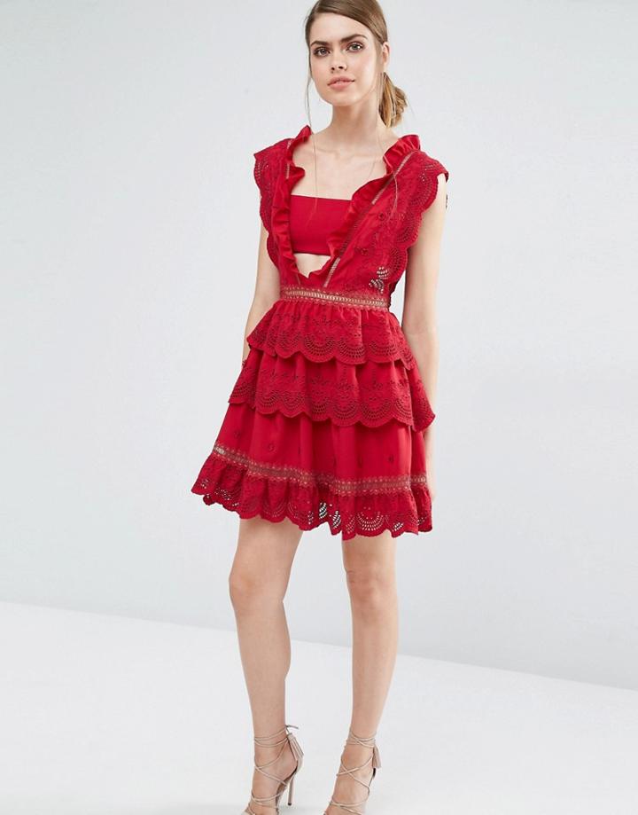 Self Portrait Three Tiered Peplum Lace Dress - Raspberry Red