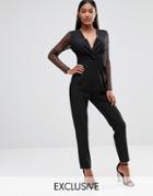 Naanaa Tuxedo Plunge Jumpsuit Cut Out Out Mesh Sleeve - Black