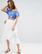 Asos Wrap Midi Skirt In Cotton With Ruffle Hem - Blue