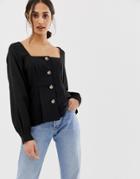 Asos Design Square Neck Button Through Top With Pleat Detail - Black