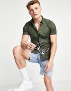 New Look Short Sleeve Muscle Fit Shirt In Dark Khaki-green