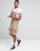 Asos Drop Crotch Short Overalls With Taping In Stone - Stone
