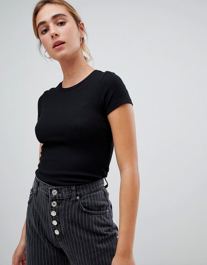 Pull & Bear Ribbed T Shirt - Black