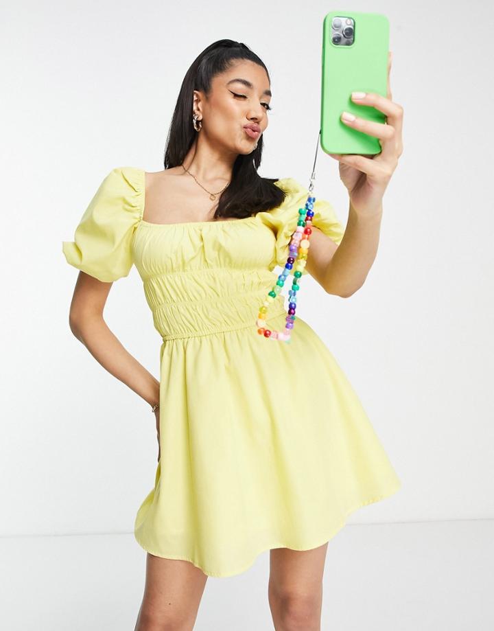 The Frolic Milkmaid Mini Dress With Puff Sleeves In Lemon Poplin-yellow