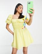 The Frolic Milkmaid Mini Dress With Puff Sleeves In Lemon Poplin-yellow