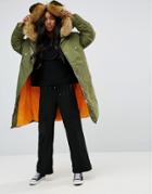 Asos Parka With Luxe Faux Fur Zip Through Hood - Green