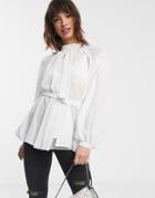 Asos Design Long Volume Sleeve Top With High Neck In Sheer Dobby In Ivory-white