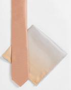 Asos Design Recycled Slim Tie With Ombre Effect Pocket Square In Stone-neutral