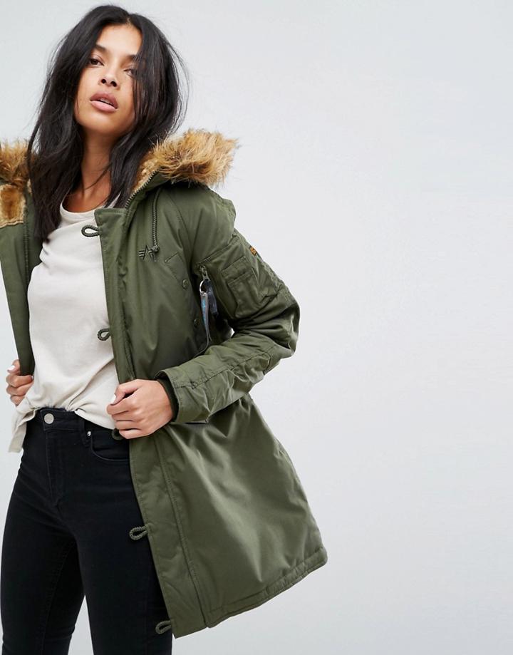 Alpha Industries Explorer Parka Coat With Faux Fur Hood - Green
