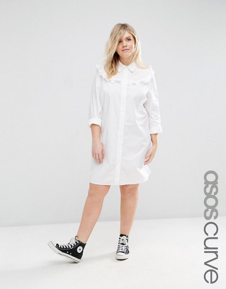 Asos Curve Cotton Shirt Dress With Ruffle Detail - White