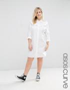 Asos Curve Cotton Shirt Dress With Ruffle Detail - White