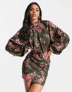 Asos Design High Neck Balloon Sleeve Mini Dress In Floral Print-multi