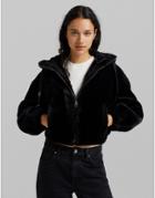 Bershka Faux Fur Hooded Jacket In Black