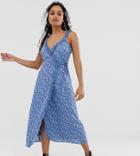 Fashion Union Petite Wrap Midi Dress In Blue Floral - Multi