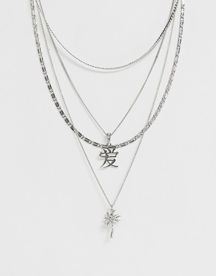Asos Design Multirow Necklace With Chinese Love Symbol And Palm Tree Pendants In Silver - Silver