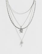 Asos Design Multirow Necklace With Chinese Love Symbol And Palm Tree Pendants In Silver - Silver