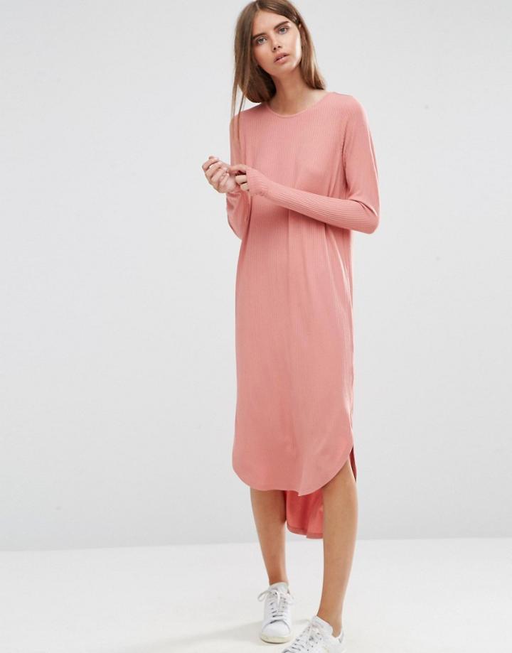 Asos Slouch Dress In Rib With Curved Hem - Pink