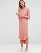 Asos Slouch Dress In Rib With Curved Hem - Pink