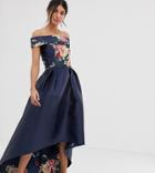 Chi Chi London Tall Bardot Neck Prom Dress With High Low Hem In Navy Floral - Navy