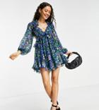 Asos Design Petite Ruffle Mini Dress In Blue Floral With Lace Up Back-multi