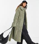 Asos Design Petite Collared Fleece Coat With Belt In Sage-purple