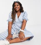 River Island Plus Textured Gingham Plaid Midi Dress In Light Blue-blues