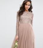 Maya Long Sleeved Midi Dress With Delicate Sequin And Tulle Skirt - Brown