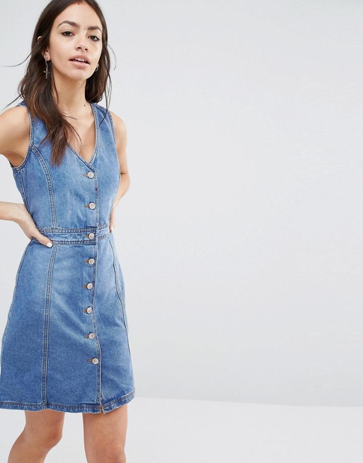 New Look Button Thru Denim Dress - Blue