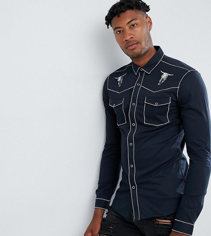 Asos Design Tall Regular Fit Western Shirt With Embroidery In Black - Black