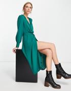 Asos Design Collared Wrap Midi Dress With Tie Belt In Forest Green