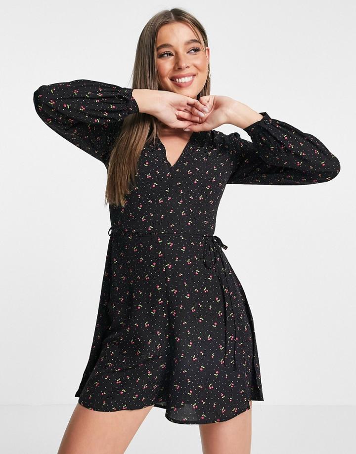 Glamorous Wrap Front Relaxed Romper In Black Cherry Print