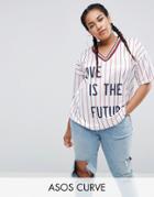 Asos Curve T-shirt With Ruched Shoulder & Stripe Love Print - Multi