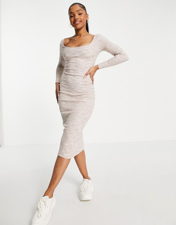 Miss Selfridge Scoop Neck Spacedye Ribbed Midi Dress In Beige-brown