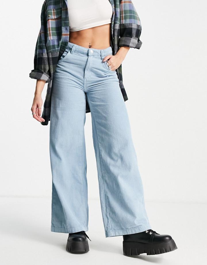 Bershka Wide Leg Cord Pant In Blue-blues