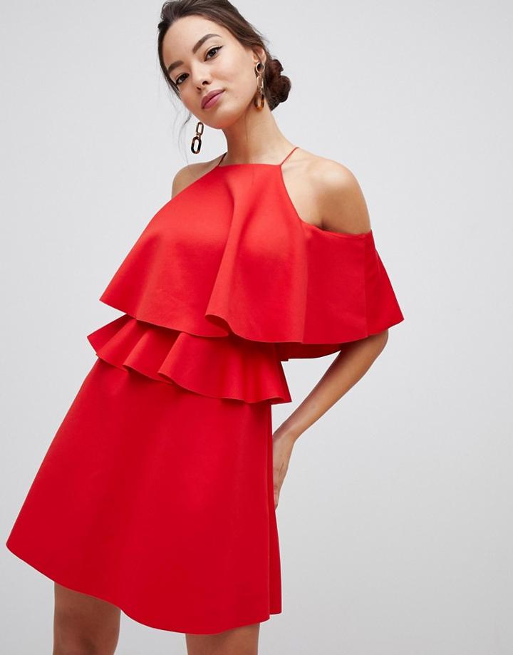 Asos Design High Neck Ruffle Skater Mini Dress - Pink
