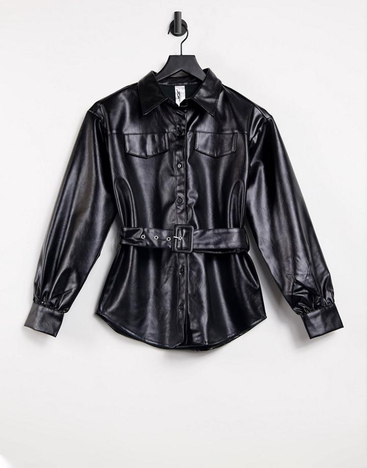 Violet Romance Belted Leather-look Shirt In Black
