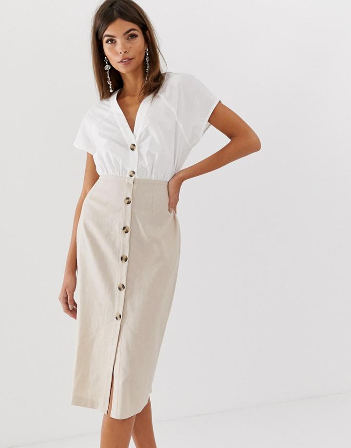 Asos Design Cotton And Linen Mix Midi Dress With Buttons-multi